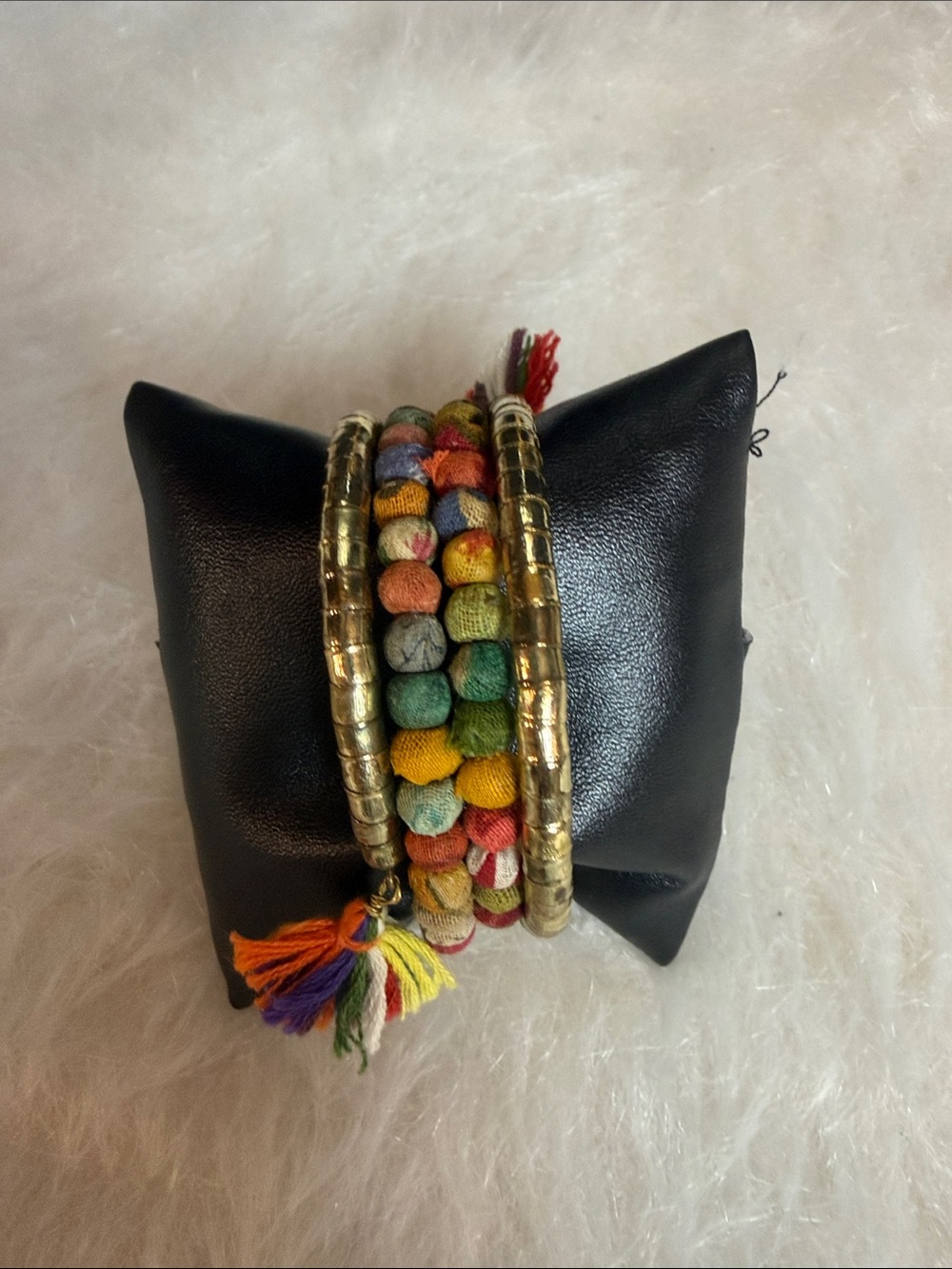 Boho Multicolor Fabric & Gold Bead Wrap Bracelet